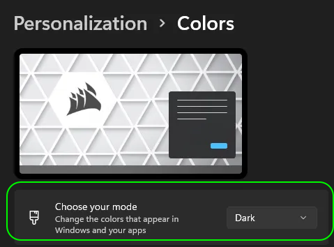 windows dark mode color